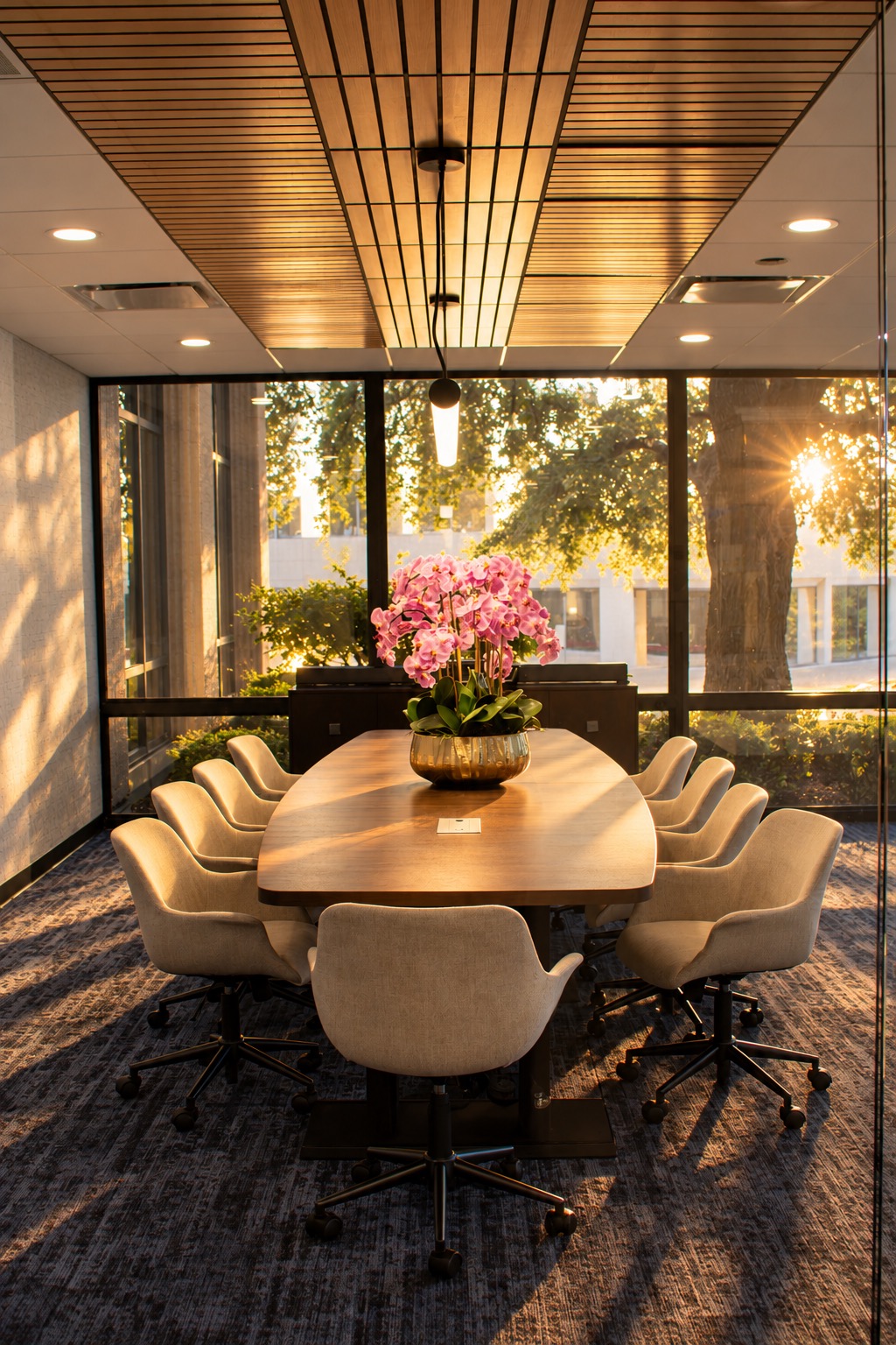 Conference room with wood-slat ceiling