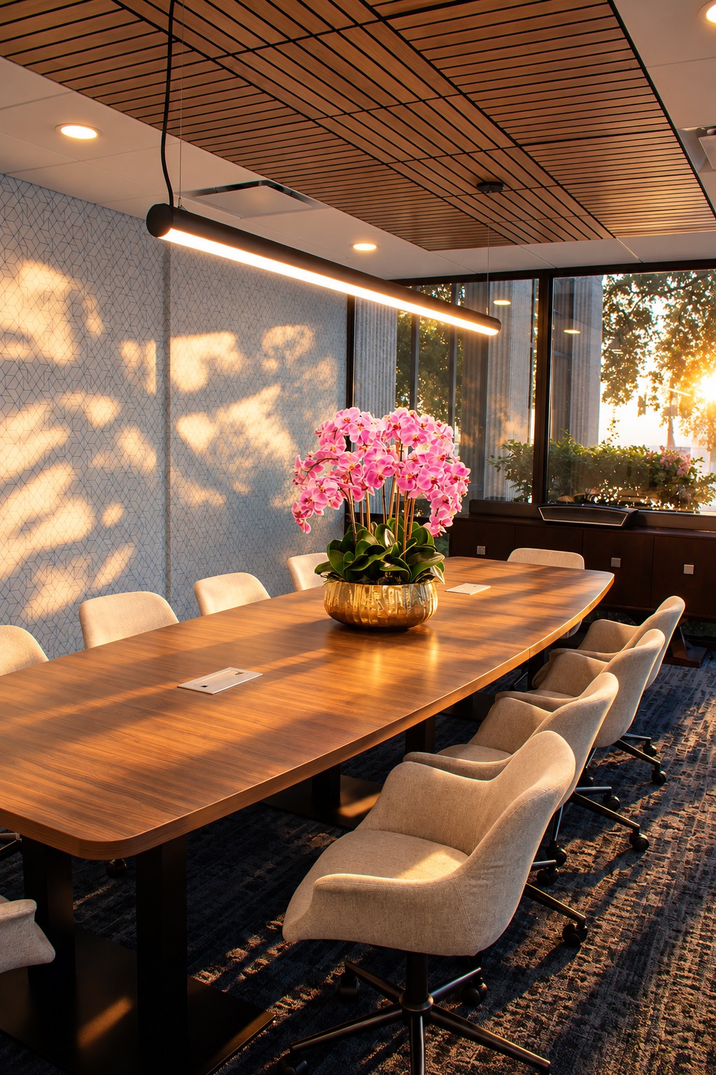 Conference table and chairs in warm afternoon light