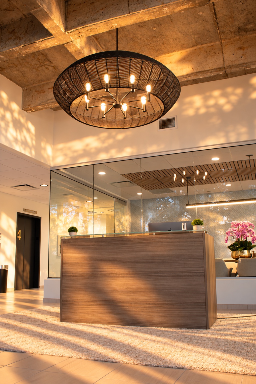 Reception desk and glass-walled offices
