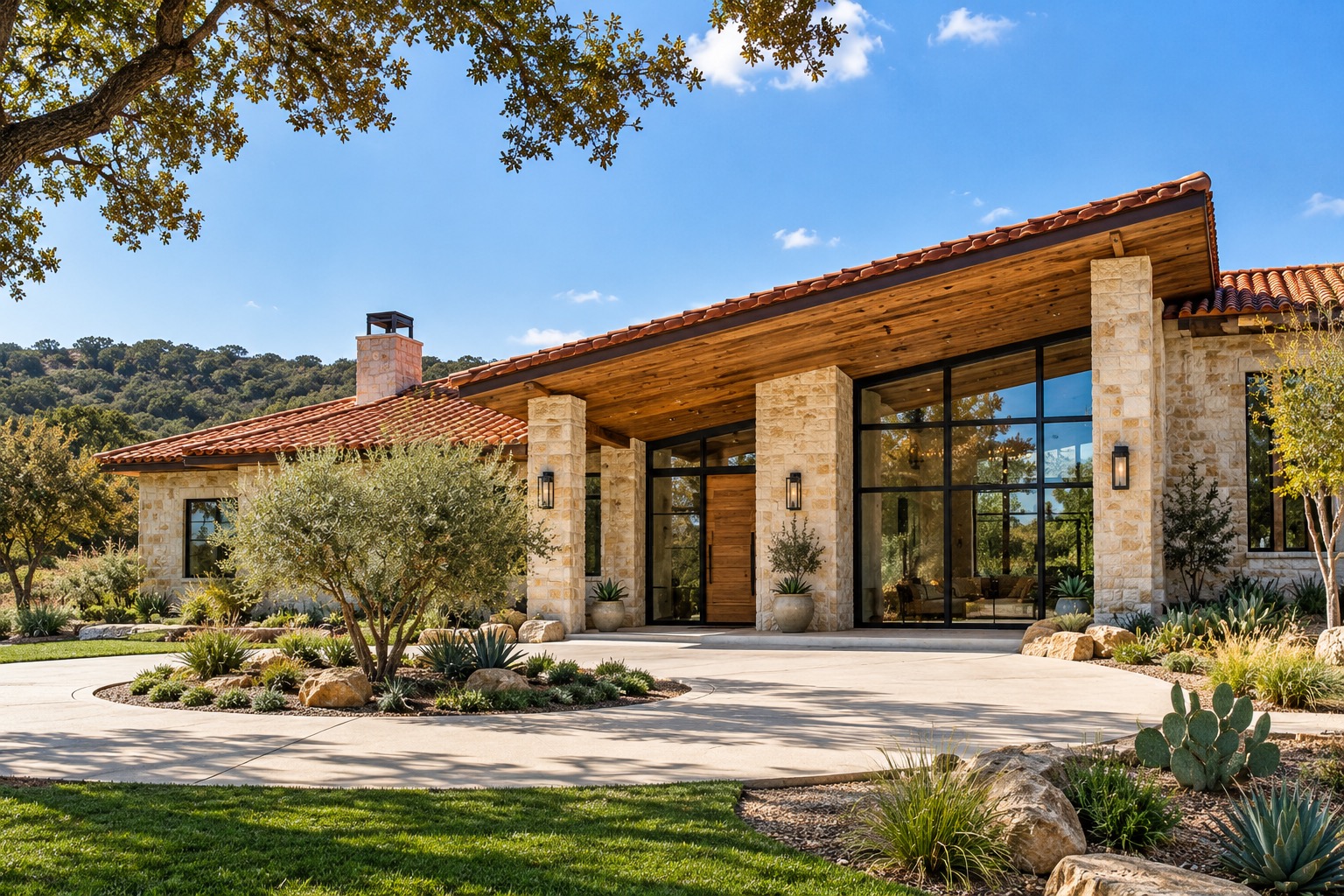 Design inspiration photo: stone and glass house with a red tile roof and circular drive