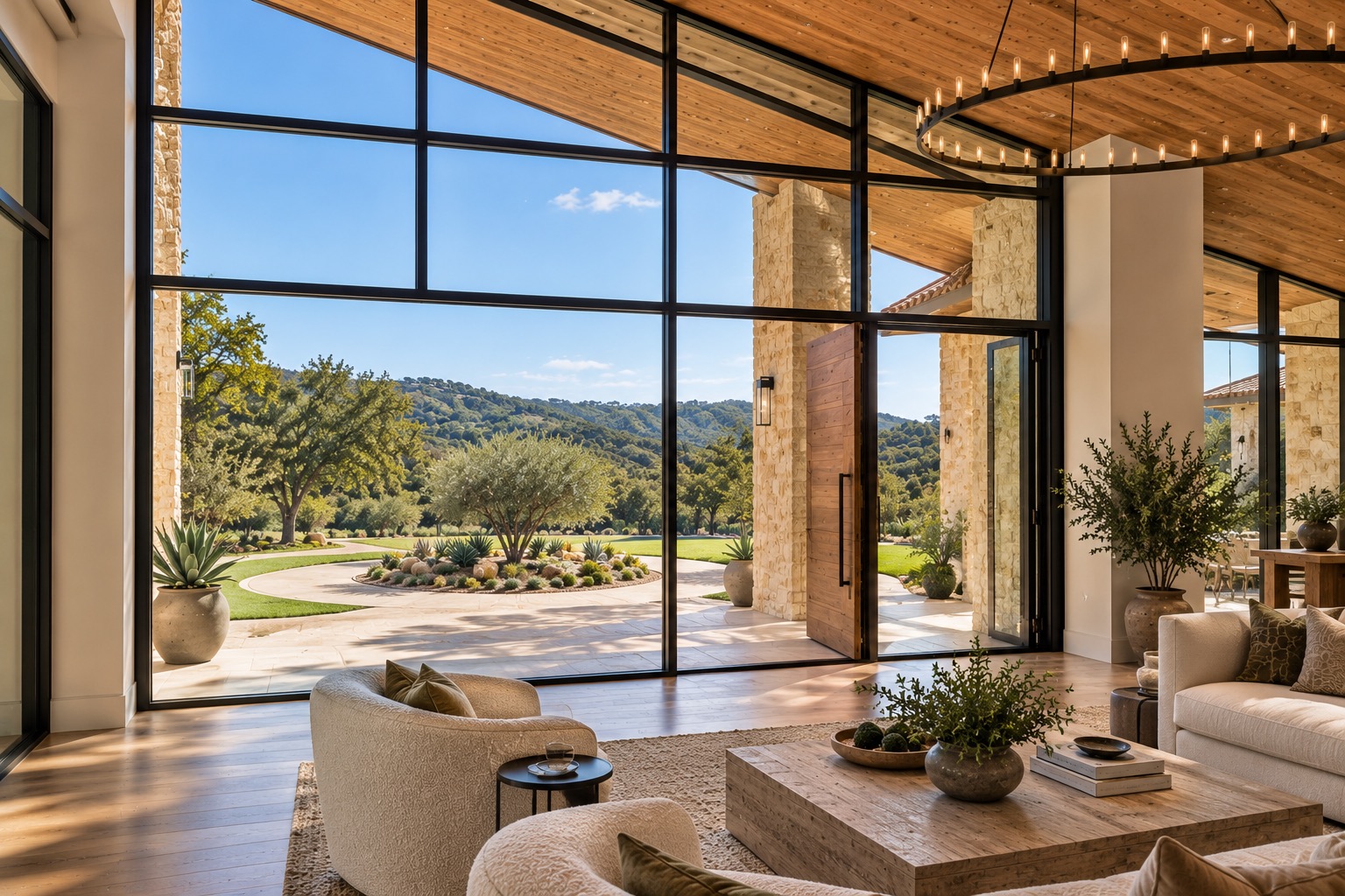 Design inspiration photo: sitting area looking through a glass entry wall to the front drive