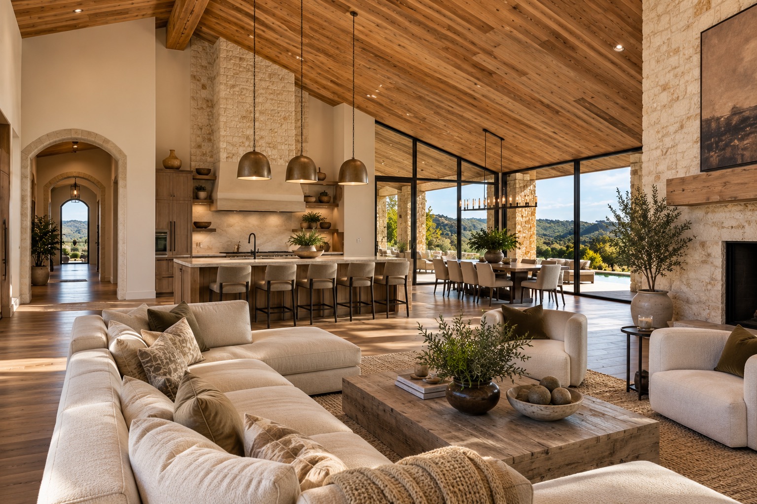 Design inspiration photo: open living room and kitchen with a stone fireplace and wood ceiling