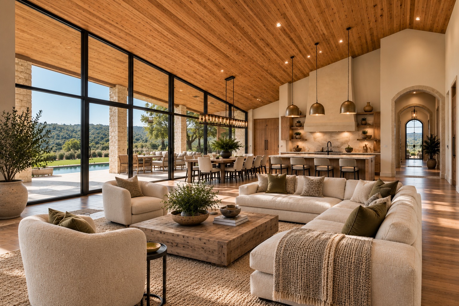 Design inspiration photo: great room with a wall of glass opening to a pool and patio