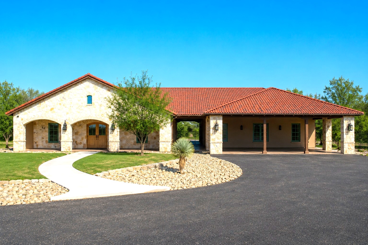 Front exterior of the Spanish-style ranch triplex built by Kreifels Construction