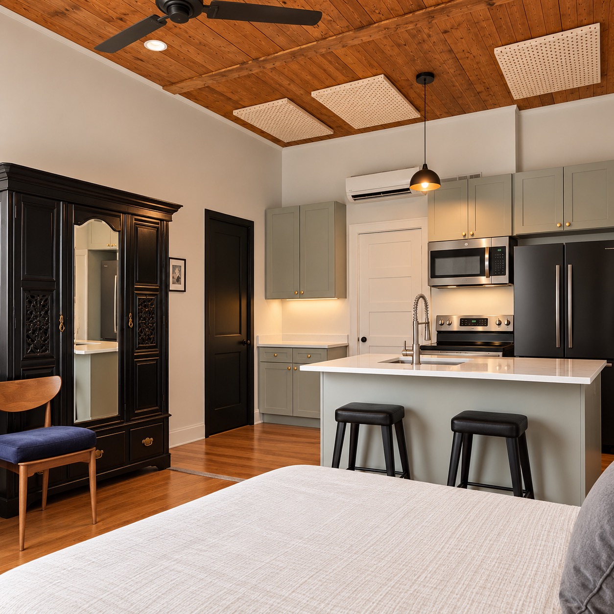 Kitchen and living area with wood ceiling