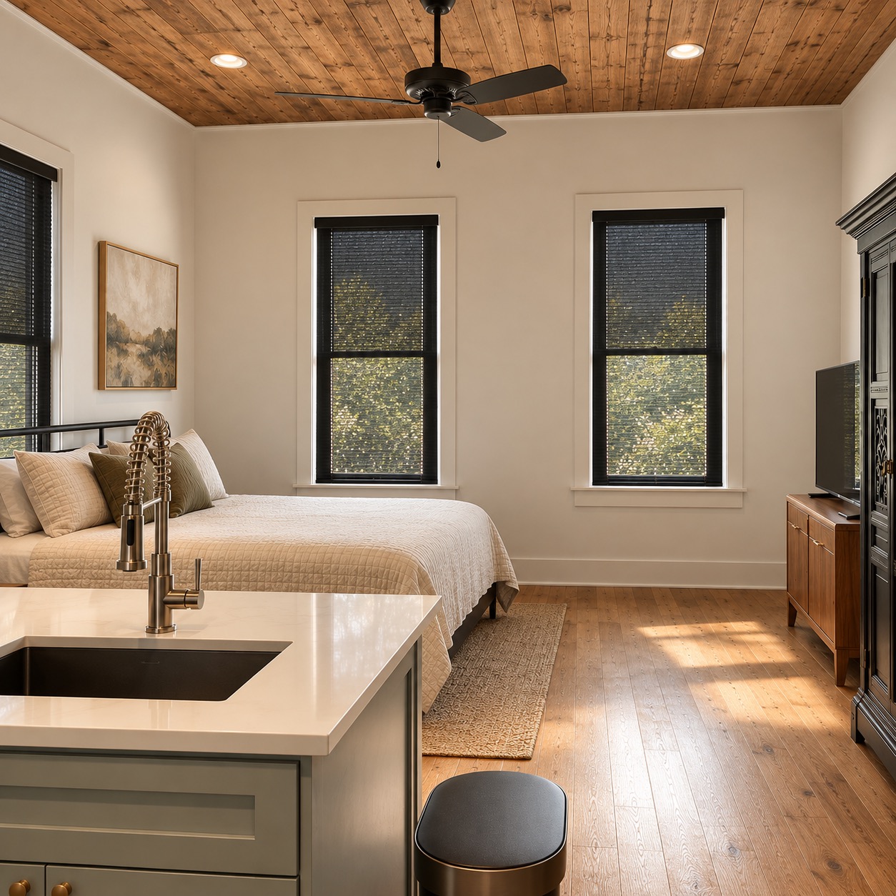 Open living space with bed, windows and kitchen island