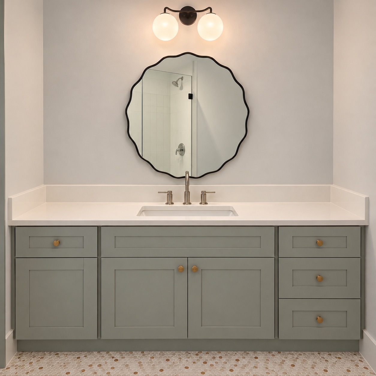 Bathroom vanity with framed mirror and sconce lighting