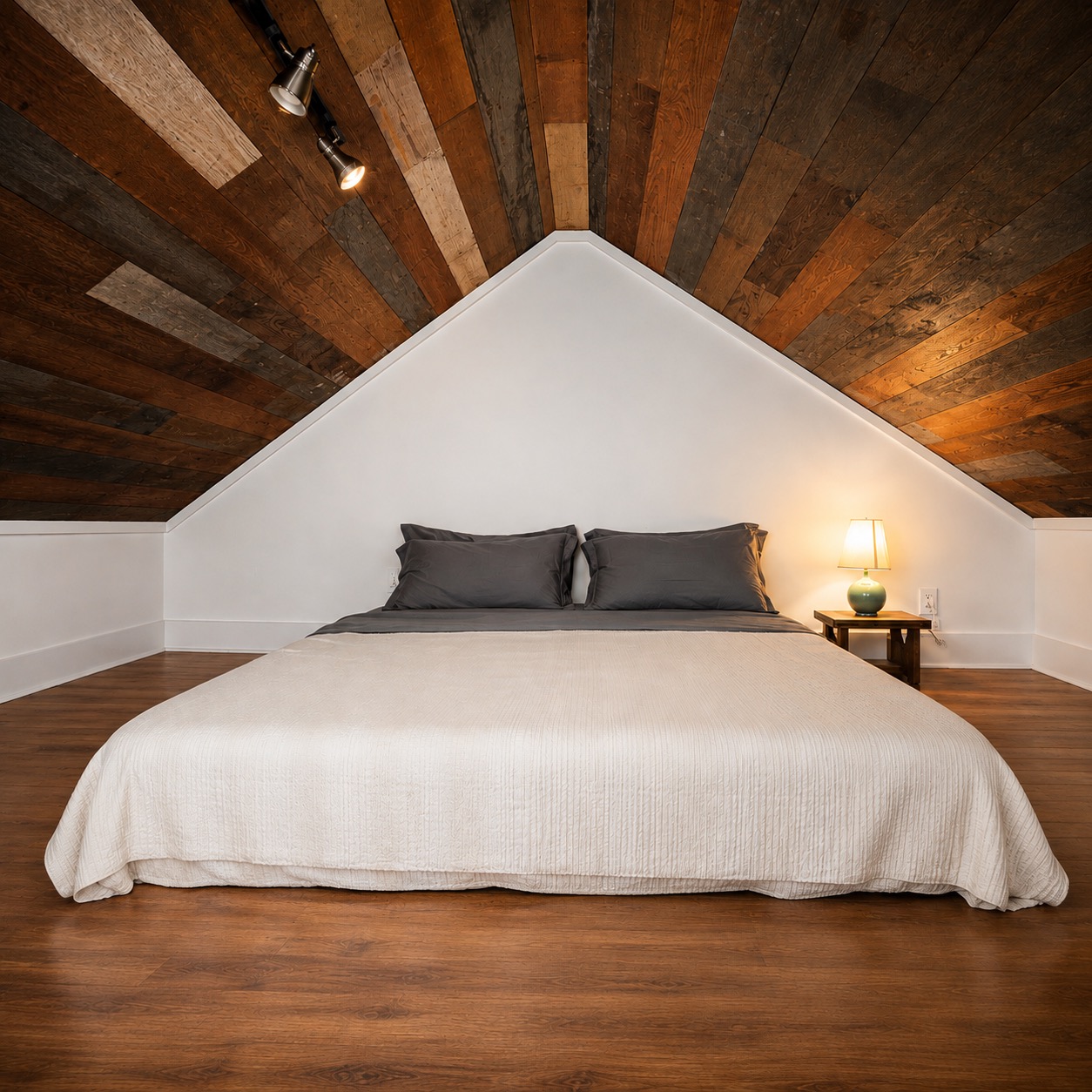 Sleeping loft with bed under a wood-clad gable ceiling