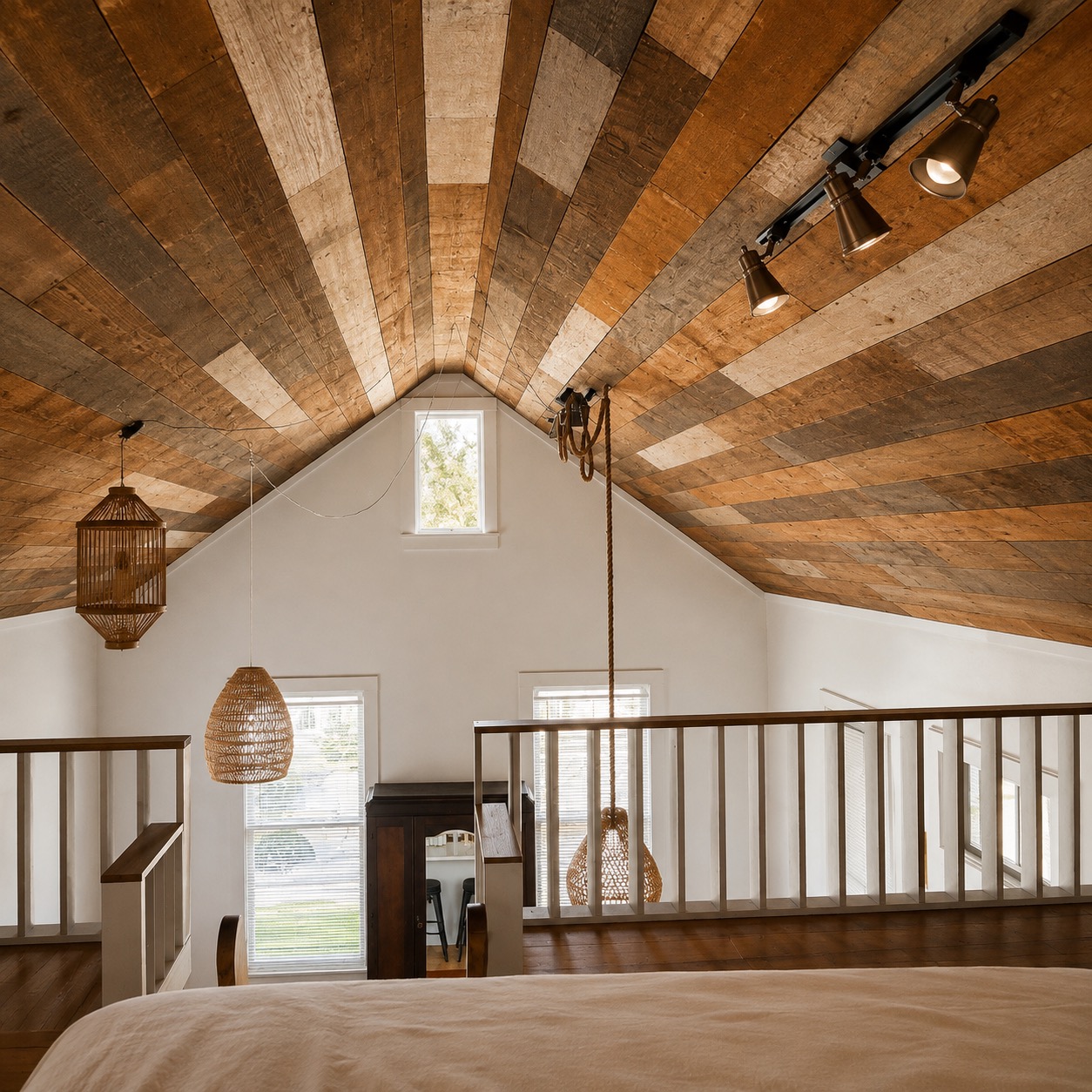 View across the loft railing with pendant lights