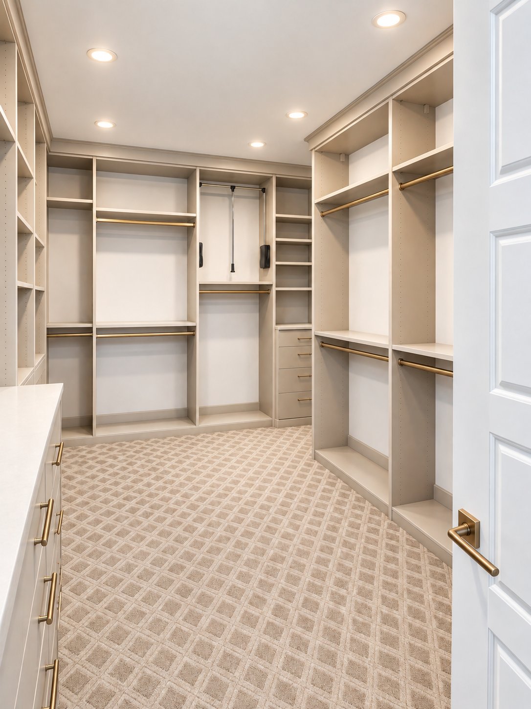 Walk-in closet built-ins with hanging rods