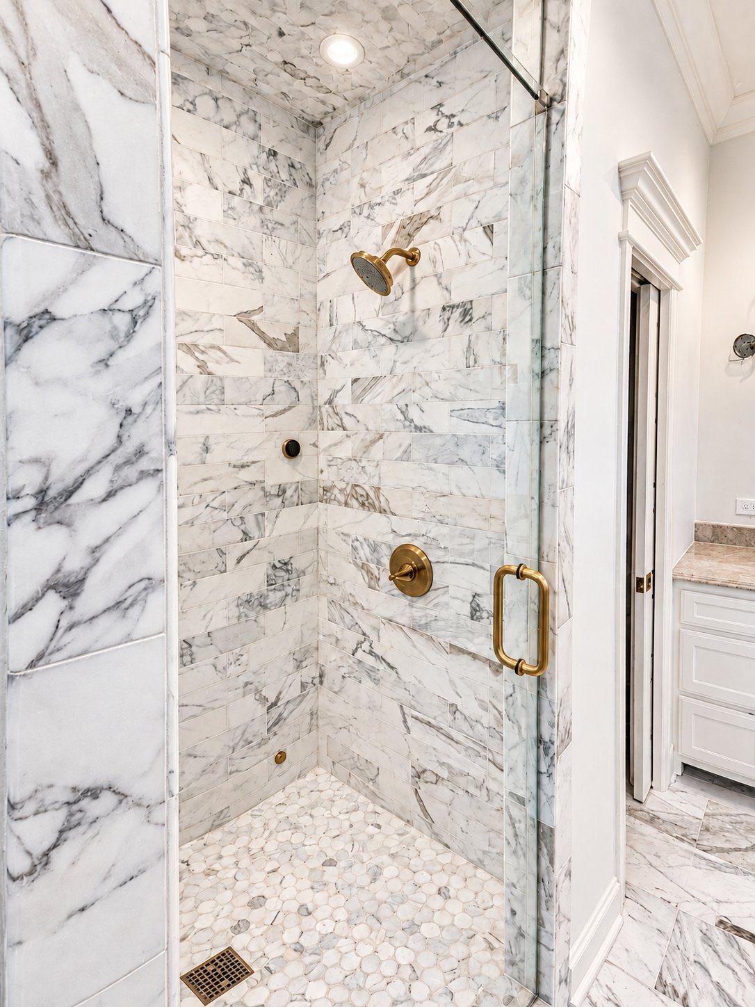 Walk-in shower with glass panel seen from the bathroom