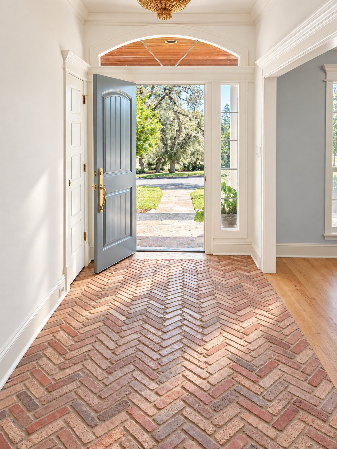 Entry hall with herringbone brick floor, pale blue front door open to the yard