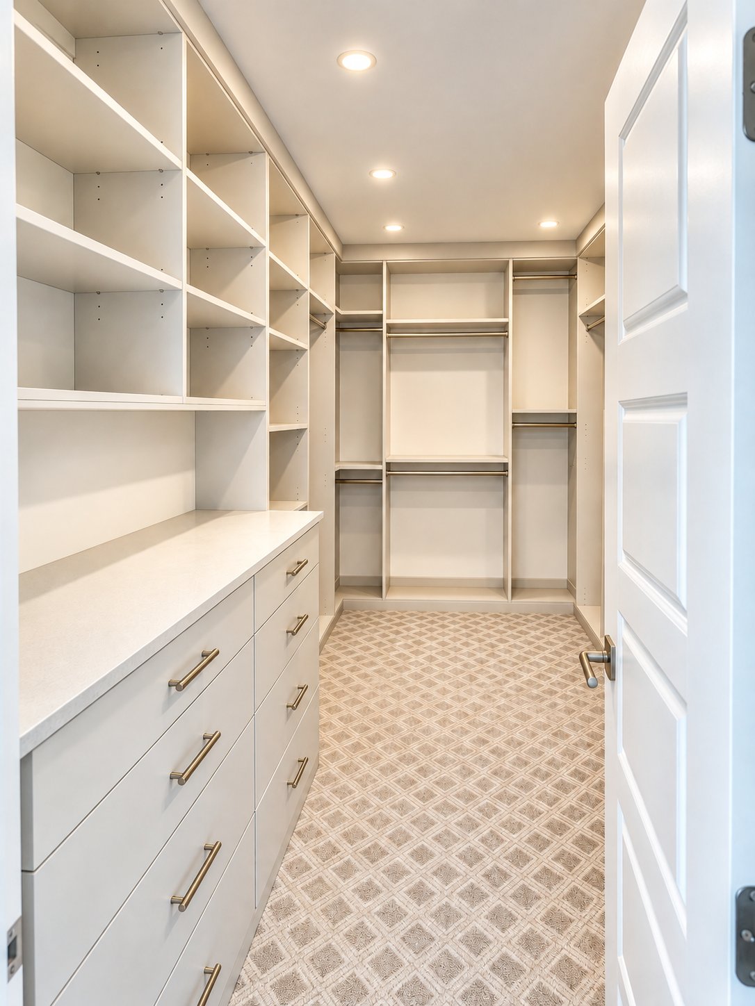 Walk-in closet with built-in shelving and drawer bank