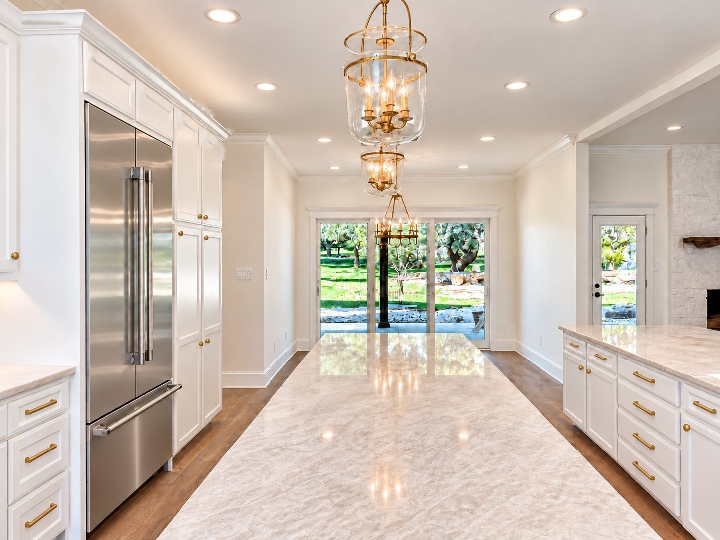 Kitchen with white cabinetry, marble island and lantern pendants