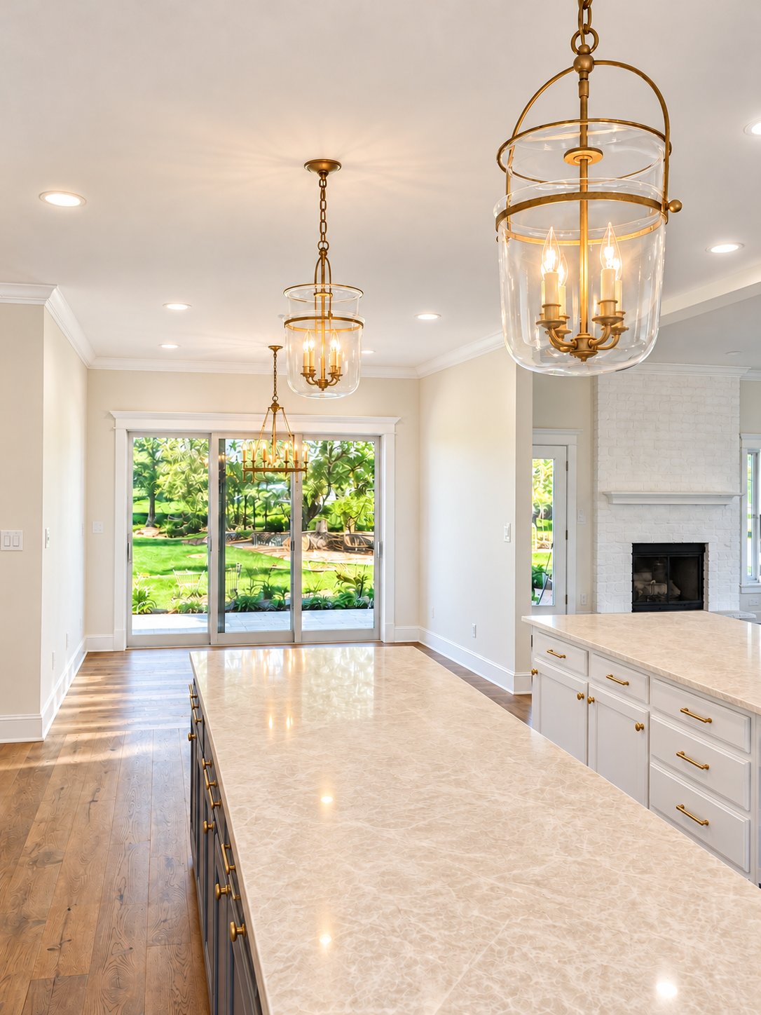 Kitchen with marble island, brass and glass lanterns, open to the backyard
